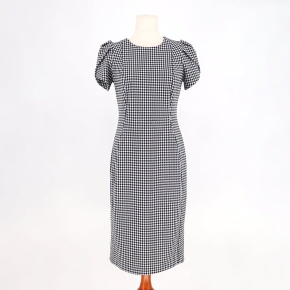 CALVIN KLEIN Navy Gingham Check Tulip Sleeve Sheath Dress Size 6 - Picture 2 of 8